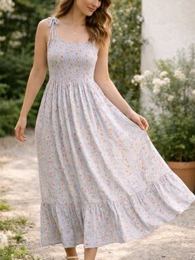 Romantic Floral Maxi Dress Blue Cottagecore Smocked Boho Summer Cottagecore S